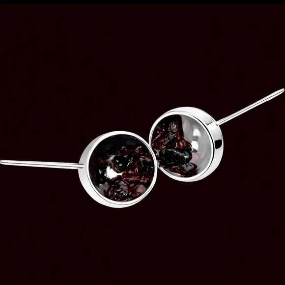 “Fruit Cup” Pomegranate Seed Red Garnet Tumbled Stone Silver Spoon Cove Earrings - Picture 6 of 8